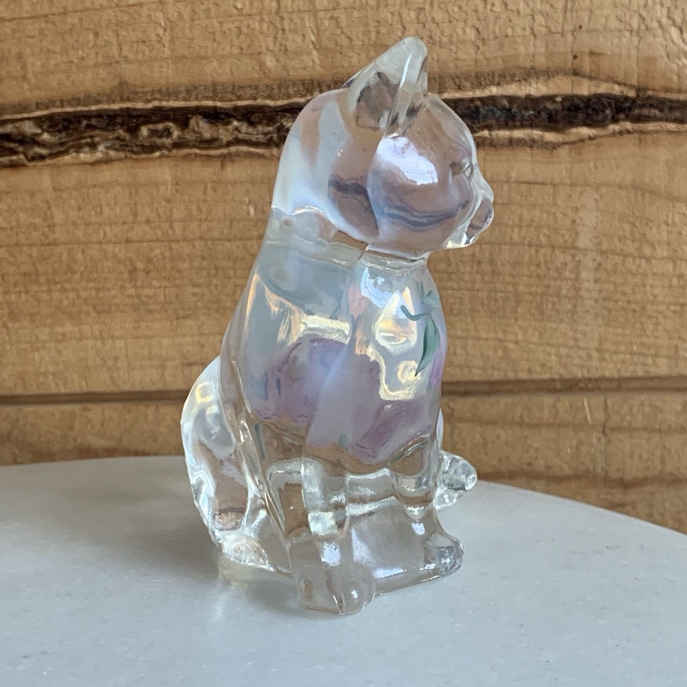 Fenton MCM Glass Cat‎ Hand Painted With Flowers Floral Design Opalescent 3.5" - Picture 5 of 8